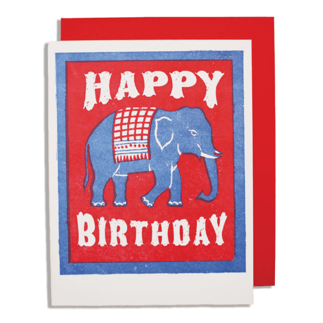 Elephant birthday red & blue - Letterpress Cards - from Archivist Gallery